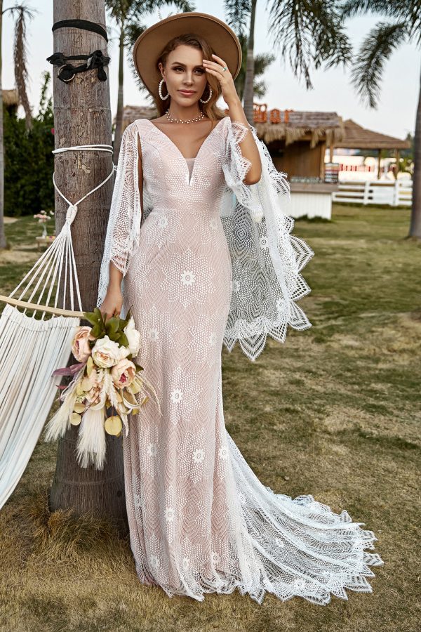 Ivory and Champagne Lace Boho Wedding Dress With Cape For Sale