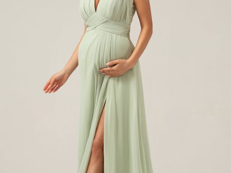 A-Line Pleated Chiffon Long Dusty Sage Bridesmaid Dress For Cheap