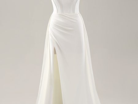 White Spaghetti Straps Satin Sweep Train Wedding Dress with Slit Discount