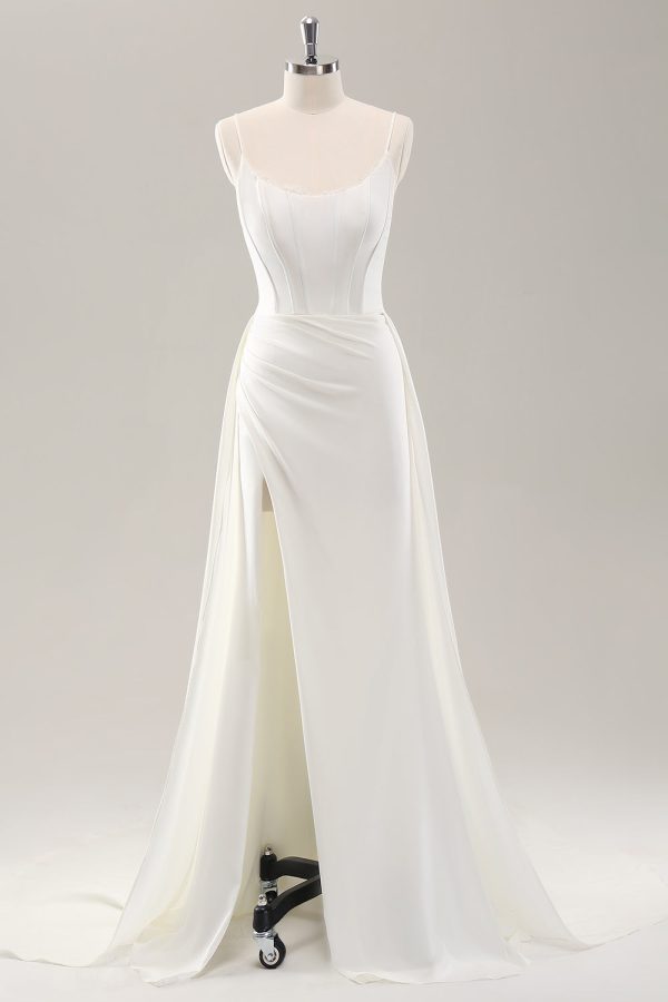 White Spaghetti Straps Satin Sweep Train Wedding Dress with Slit Discount