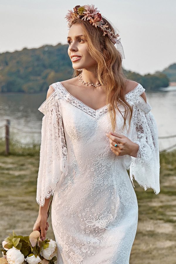 Ivory Lace Cold Shoulder Mermaid Cape Sleeve Boho Wedding Dress Supply