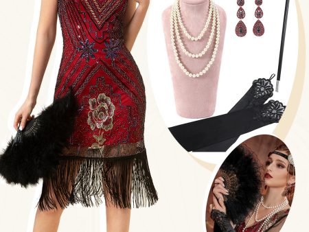 Burgundy Sequined Fringes 1920s Gatsby Flapper Dress with 20s Accessories Set Sale