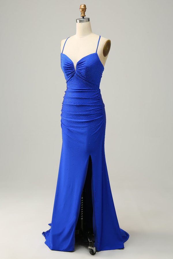 Mermaid Spaghetti Straps Royal Blue Long Formal Dress with Beading Discount