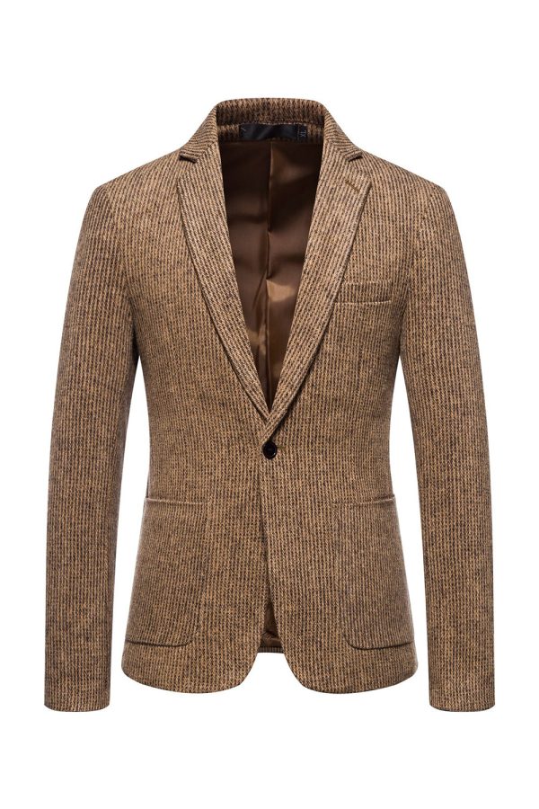 Khaki Tweed One Button Notched Lapel Men s Blazer For Cheap