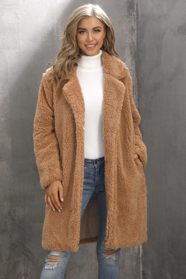 Camel Notched Lapel Long Faux Fur Women Coat For Sale