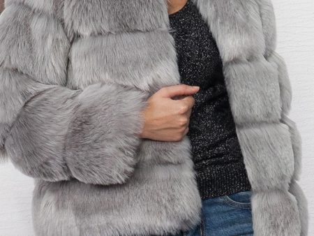 Grey Shawl Lapel Cropped Women Faux Fur Coat Discount