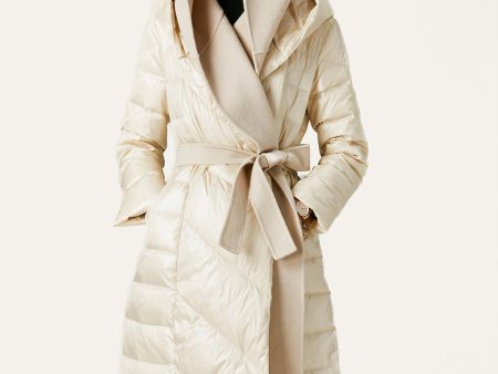 Ivory Button Quilted Puffer Jacket with Faux Fur Hood Online