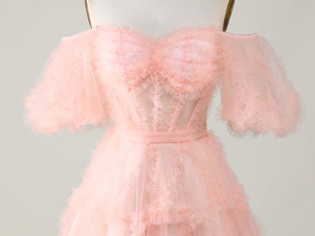 Cute A line Blush Tulle Off The Shoulder Short Homecoming Dress Online Sale