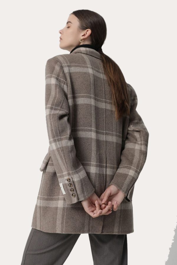 Khaki Plaid Notched Lapel Double Breasted Women Wool Coat For Discount