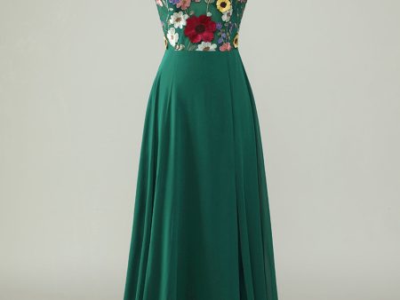 A-Line Spaghetti Straps Dark Green Long Bridesmaid Dress with 3D Flowers Online