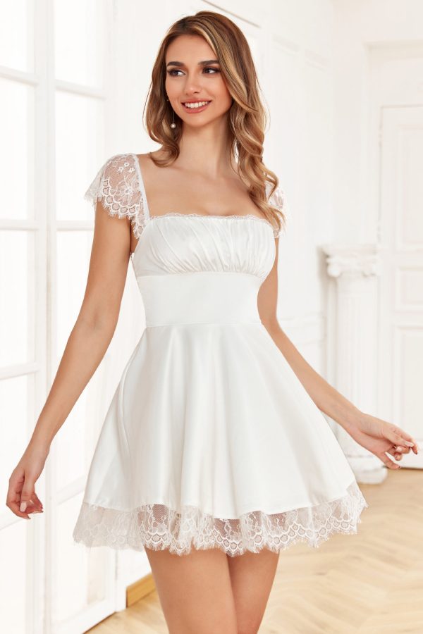 A Line Square Neck White Graduation Dress with Lace Fashion