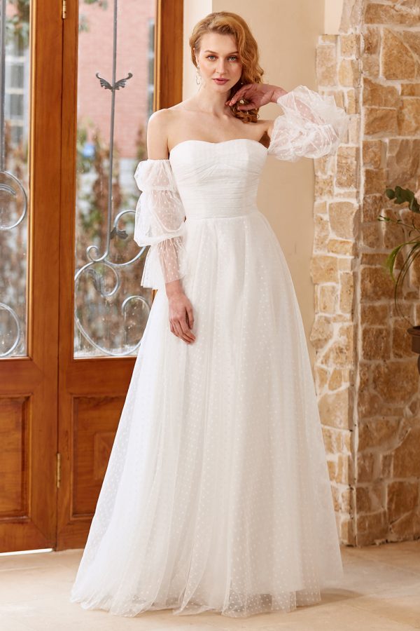 A Line Off the Shoulder White Wedding Dress with Long Sleeves Online Hot Sale