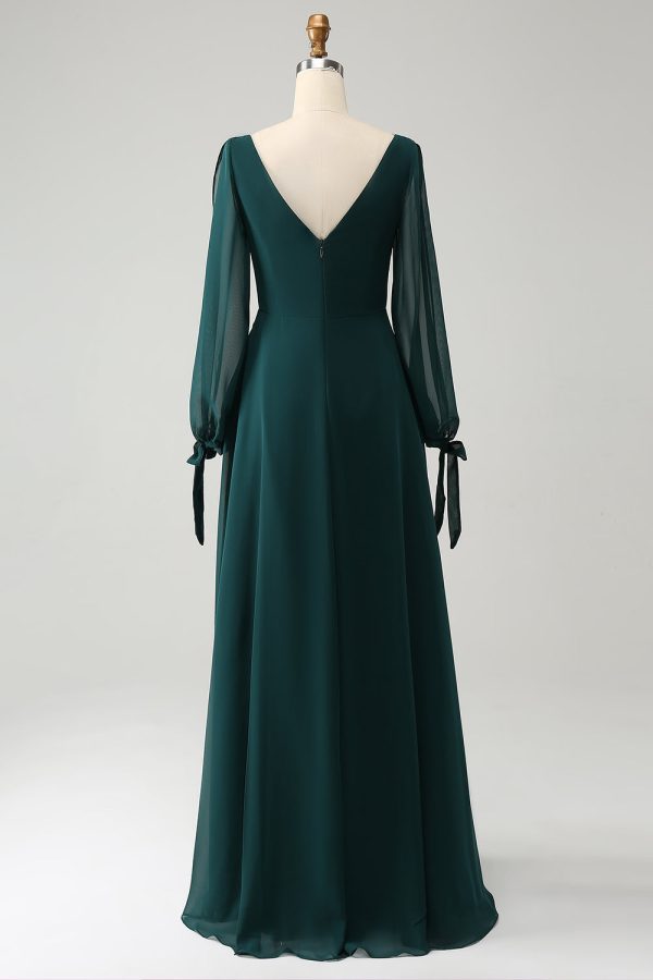 A Line Dark Green Bateau Neck Chiffon Bridesmaid Dress with Slit Sale