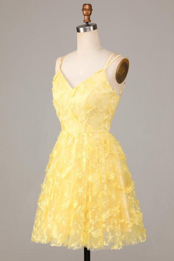 Keep Glowing A Line Spaghetti Straps Yellow Short Homecoming Dress with Appliques Online