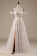 Champagne Tulle Detachable Off the Shoulder Wedding Dress with Lace For Cheap