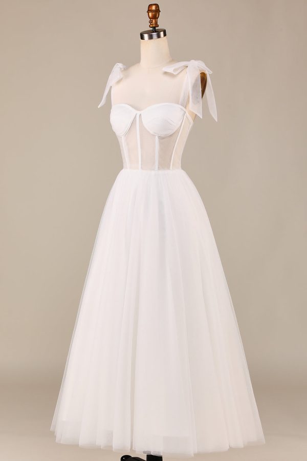 Ivory A-Line Tea-Length Tulle Corset Wedding Dress Cheap