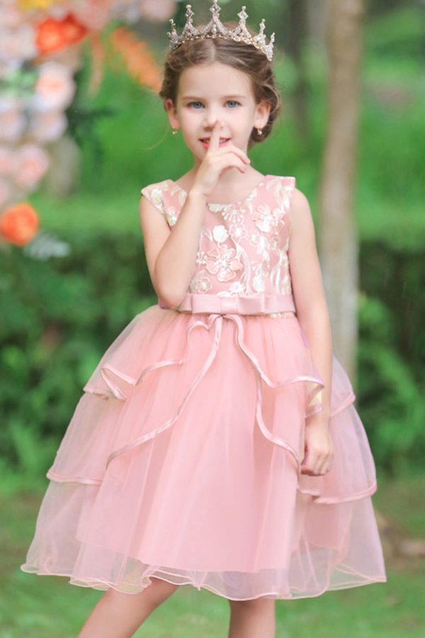 Pink A Line Appliques Sleeveless Round Neck Girls Dresses Online Hot Sale