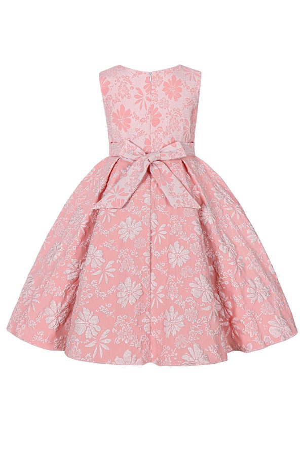 Cute Jewel Neck Pink Jacquard Girl Dress Supply