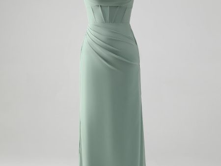 Spaghetti Straps Grey Green Mermaid Corset Bridesmaid Dress with Slit Cheap