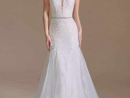 White Mermaid Halter Sweep Train Wedding Dress with Lace Sale