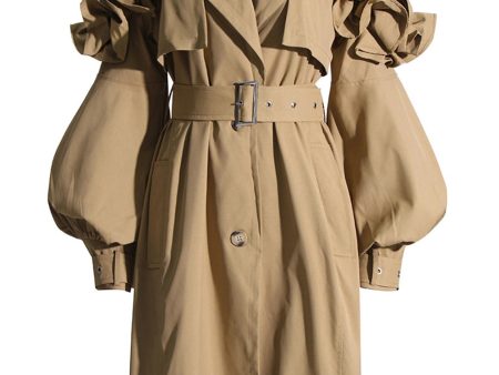 Khaki Notched Lapel Ruffled Long Trench Coat Hot on Sale