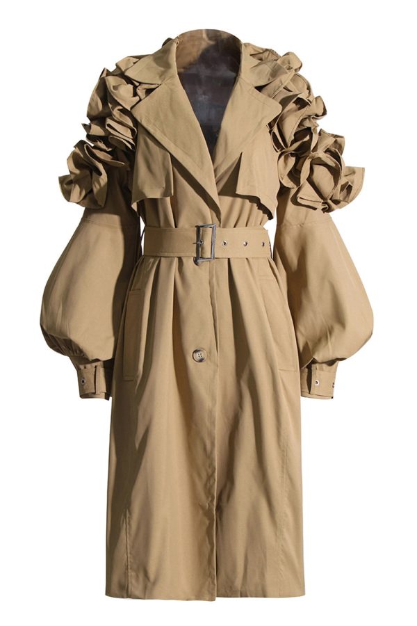 Khaki Notched Lapel Ruffled Long Trench Coat Hot on Sale