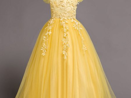 Tulle Boat Neck Yellow Girls Dresses with Appliques Sale