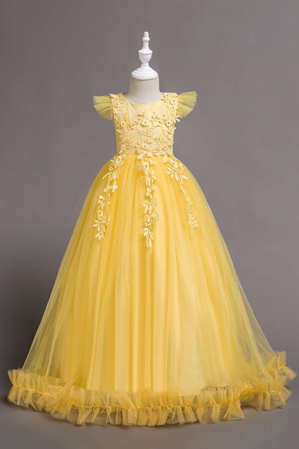 Tulle Boat Neck Yellow Girls Dresses with Appliques Sale