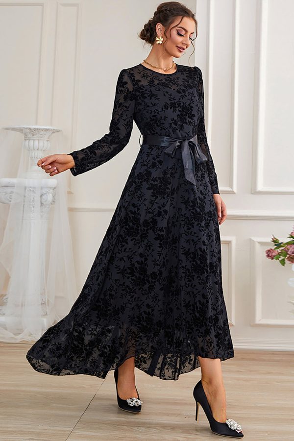 A-Line Long Sleeves Lace Black Formal Dress with Sash Hot on Sale