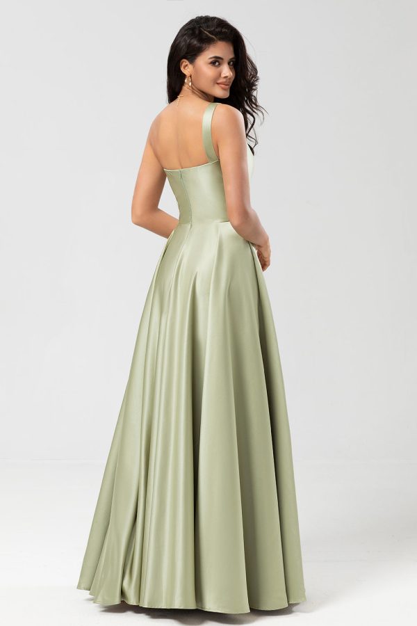 One Shoulder Satin Green Bridesmaid Dress with Pockets Online Sale