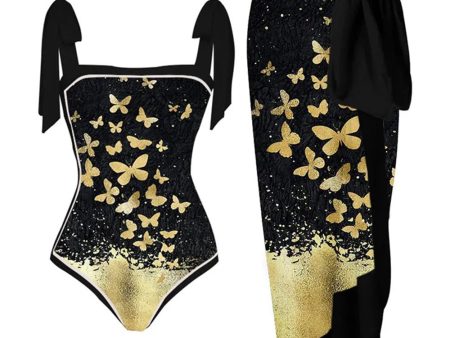 Black One Piece Printed Swimwear with Butterflies Online Sale