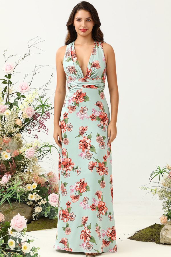 A Line Deep V Neck Green Printed Long Bridesmaid Dress Online Sale