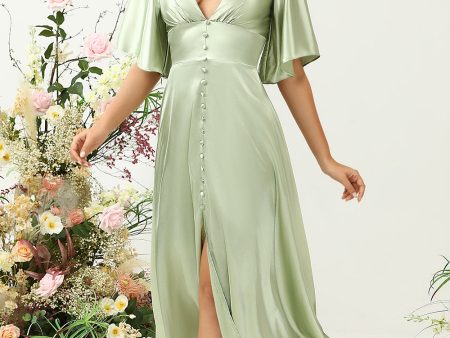 A Line Deep V Neck Light Green Wedding Guest Dress with Half Sleeves Online now