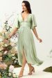 A Line Deep V Neck Light Green Wedding Guest Dress with Half Sleeves Online now