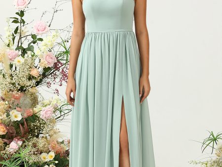 A Line Spaghetti Straps Dusty Sage Long Bridesmaid Dress with Ruffles Hot on Sale