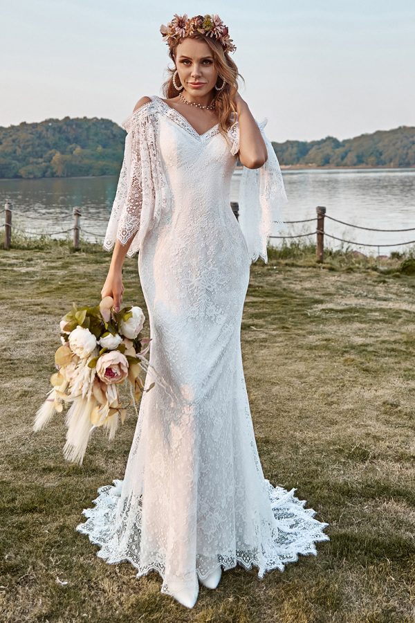 Ivory Lace Cold Shoulder Mermaid Cape Sleeve Boho Wedding Dress Supply