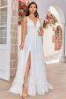 Beauty A Line V-Neck Ivory Lace Long Wedding Dress with Slit Online Sale