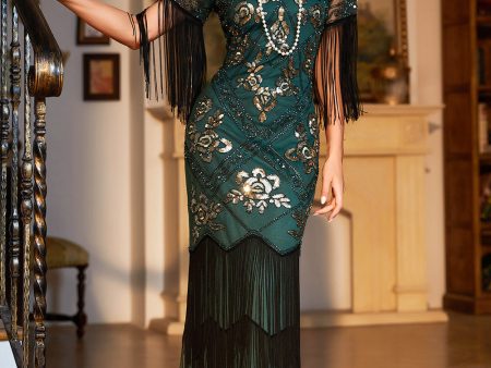 Sheath V Neck Dark Green Sequins Long 1920s Flapper Dress with Fringes Supply