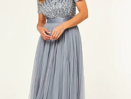 Sparkly V-Neck Grey Formal Dress with Short Sleeves Discount