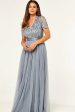 Sparkly V-Neck Grey Formal Dress with Short Sleeves Discount