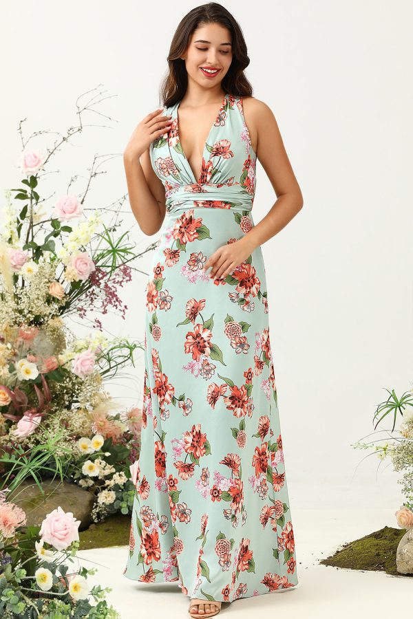 A Line Deep V Neck Green Printed Long Bridesmaid Dress Online Sale