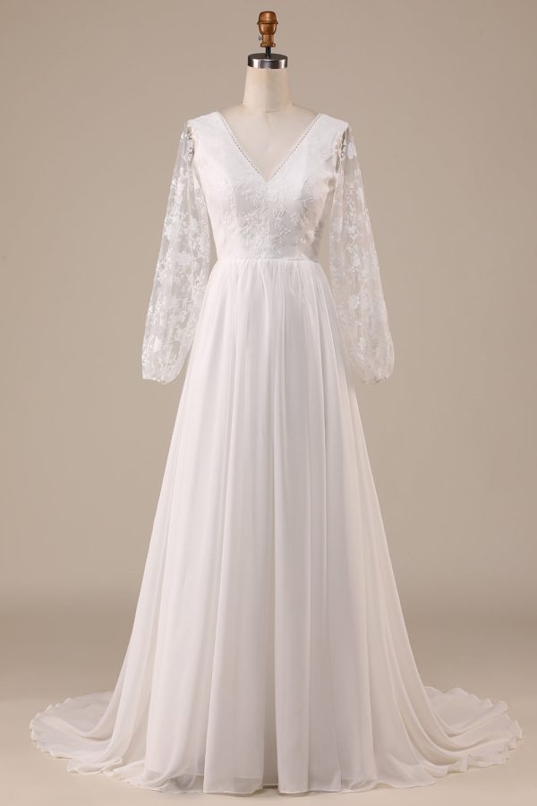 Ivory Chiffon Sweep Train Boho Wedding Dress with Lace Supply