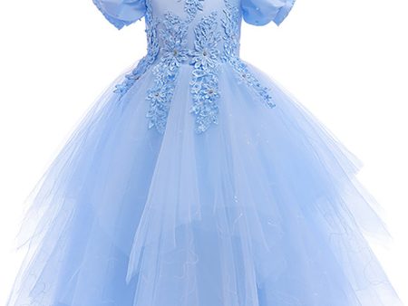 Tulle Puff Sleeves Light Blue Flower Girl Dress with Appliques Cheap