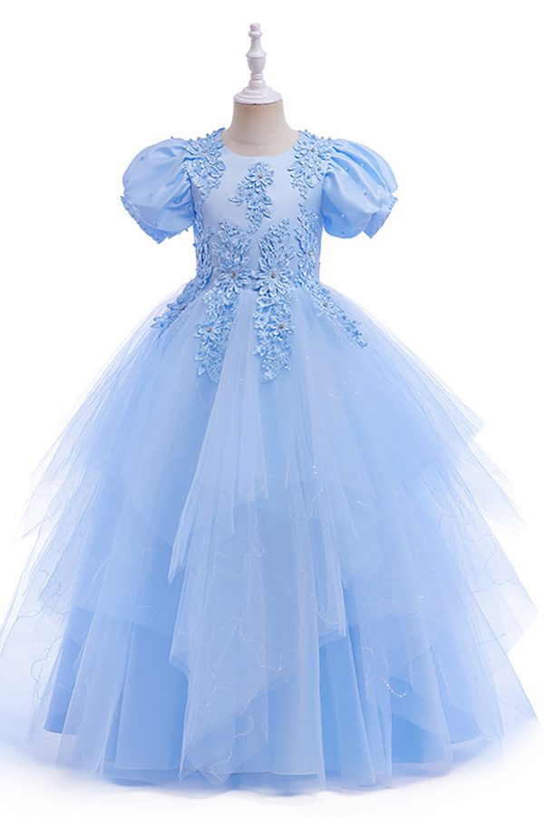 Tulle Puff Sleeves Light Blue Flower Girl Dress with Appliques Cheap