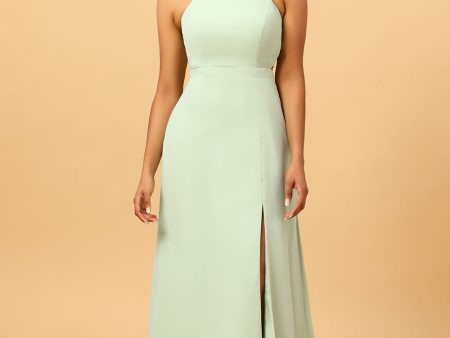 A Line Halter Dusty Sage Long Bridesmaid Dress with Open Back For Cheap