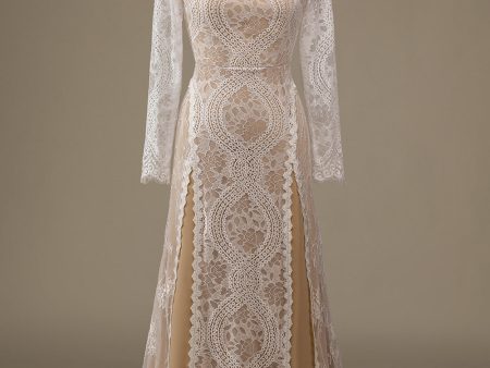 Champagne Long Sleeves Lace Sweep Train Wedding Dress Online