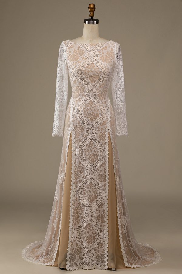 Champagne Long Sleeves Lace Sweep Train Wedding Dress Online