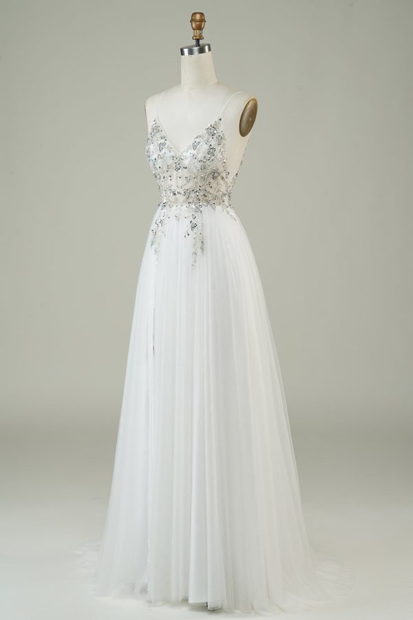 Gorgeous A Line Spaghetti Straps White Tulle Long Wedding Dress with Beading Online now