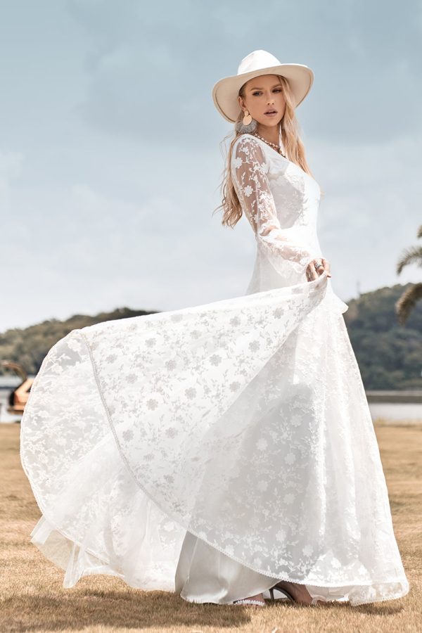 Beauty A Line V Neck Ivory Lace Flare Sleeves Wedding Dress on Sale