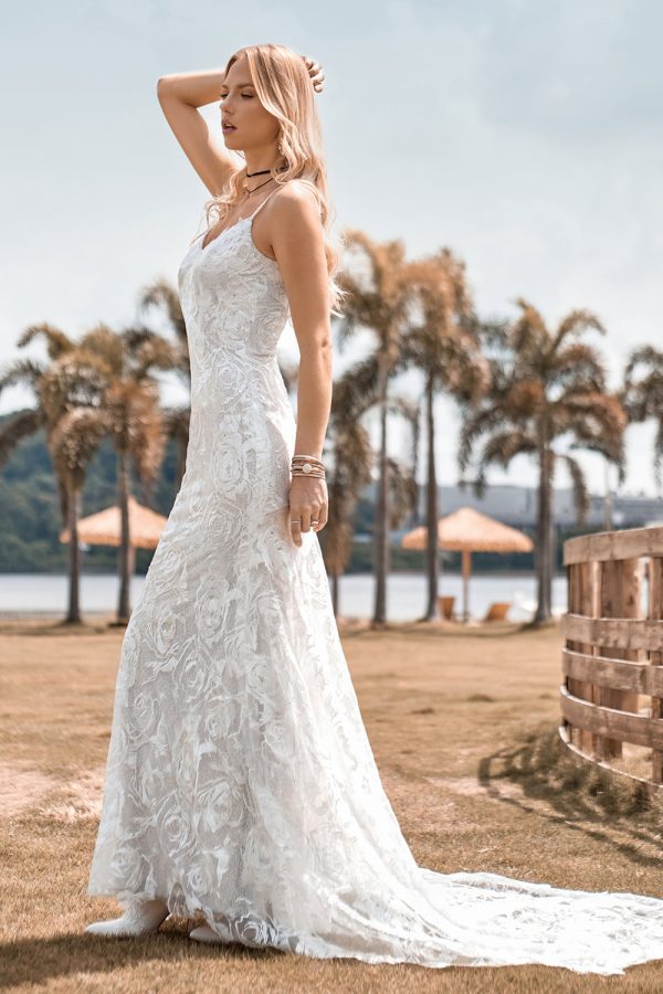 Charming Mermaid Spaghetti Straps Lace Ivory Wedding Dress with Sweep Train Online